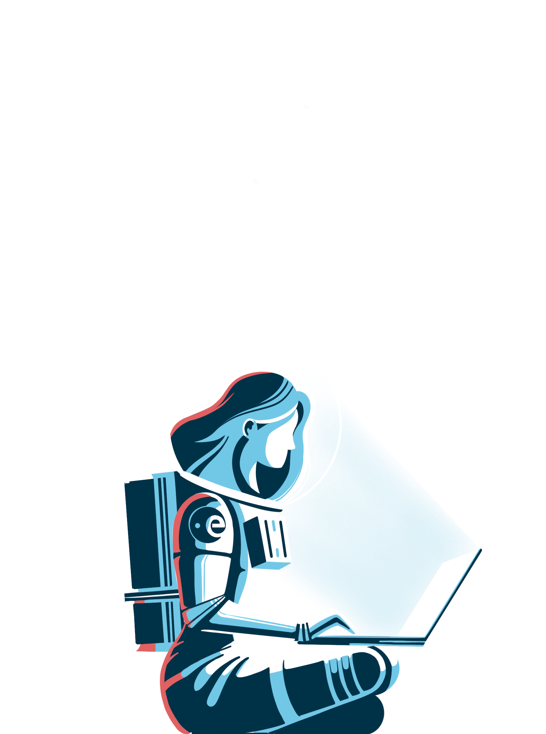 Astronaut developer working on laptop in space
